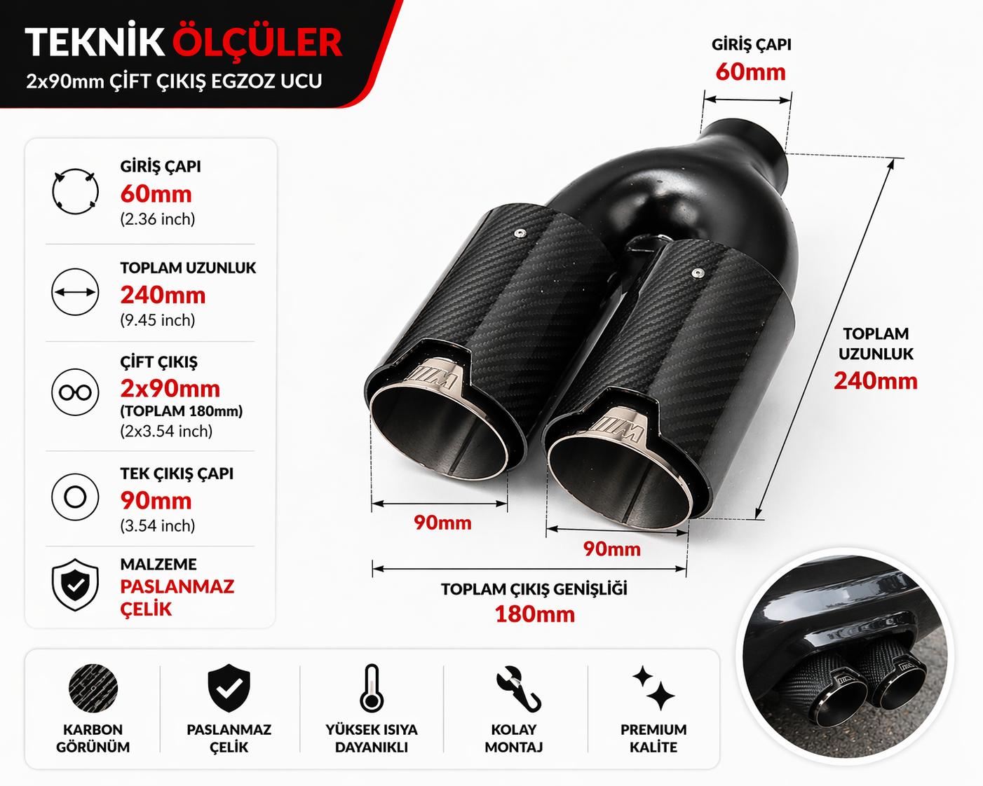 Monlion Premium Krom Çift Çıkış Egzoz Ucu 2x90mm Karbon Görünümlü Universal BMW Uyumlu Egzoz Başlığı 60mm Giriş
