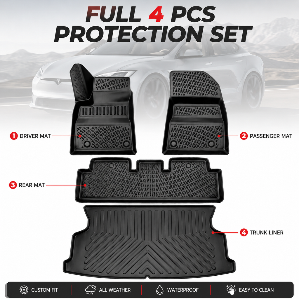 Tesla Model 3 Floor Mats 2017-2023 Premium TPE All Weather 4PCS Full Set Black | Monlion