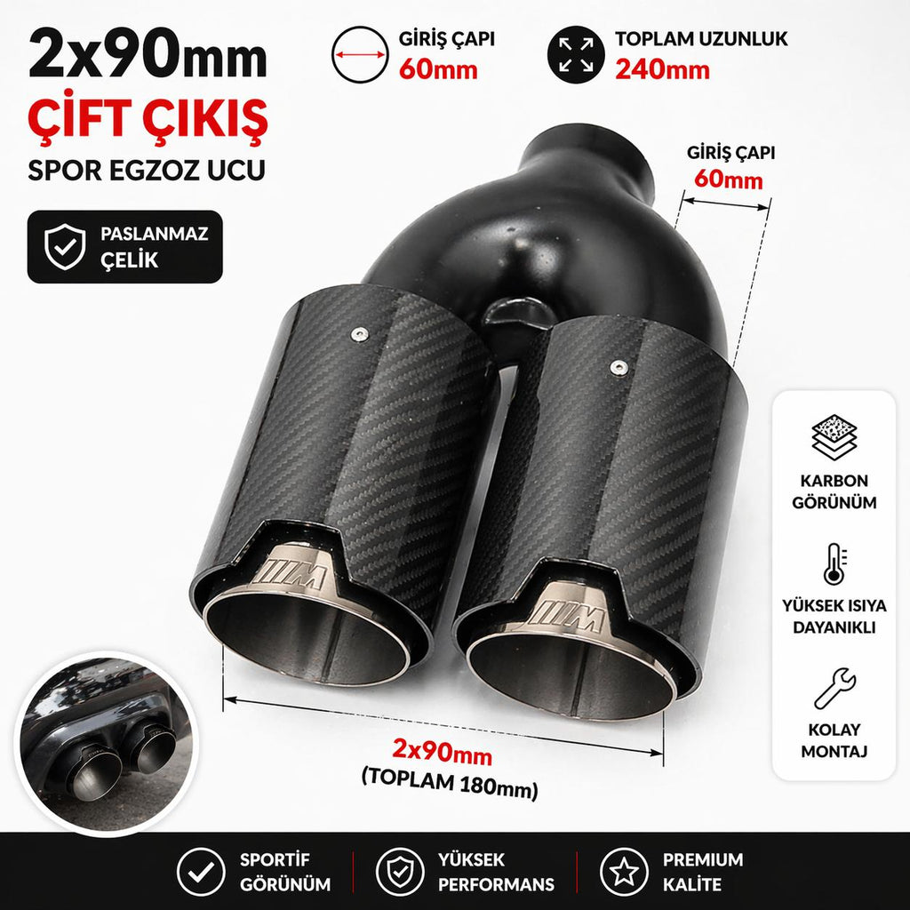 Monlion Premium Krom Çift Çıkış Egzoz Ucu 2x90mm Karbon Görünümlü Universal BMW Uyumlu Egzoz Başlığı 60mm Giriş