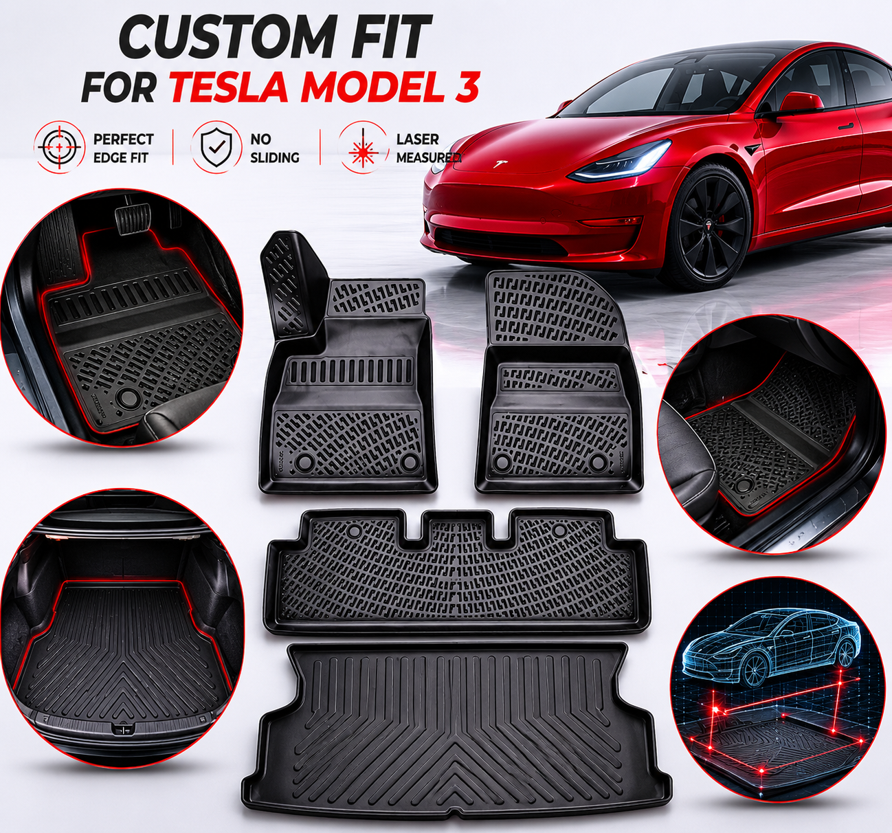 Tesla Model 3 Floor Mats 2017-2023 Premium TPE All Weather 4PCS Full Set Black | Monlion