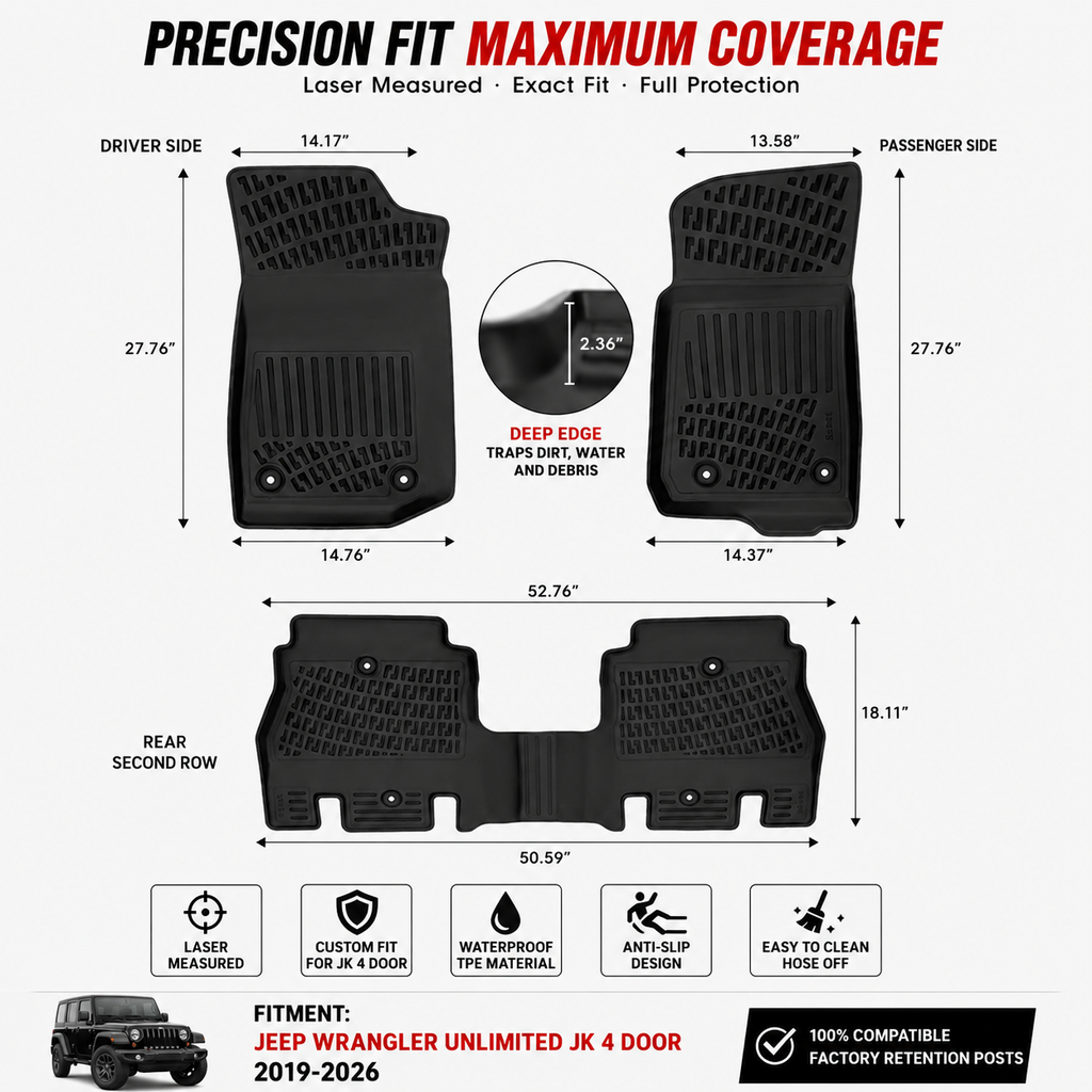 Monlion Floor Mats for Jeep Wrangler Unlimited JK 4 Door 2019-2026 Custom Fit All Weather TPE Floor Liners Waterproof Odorless Heavy Duty Black 4PCS