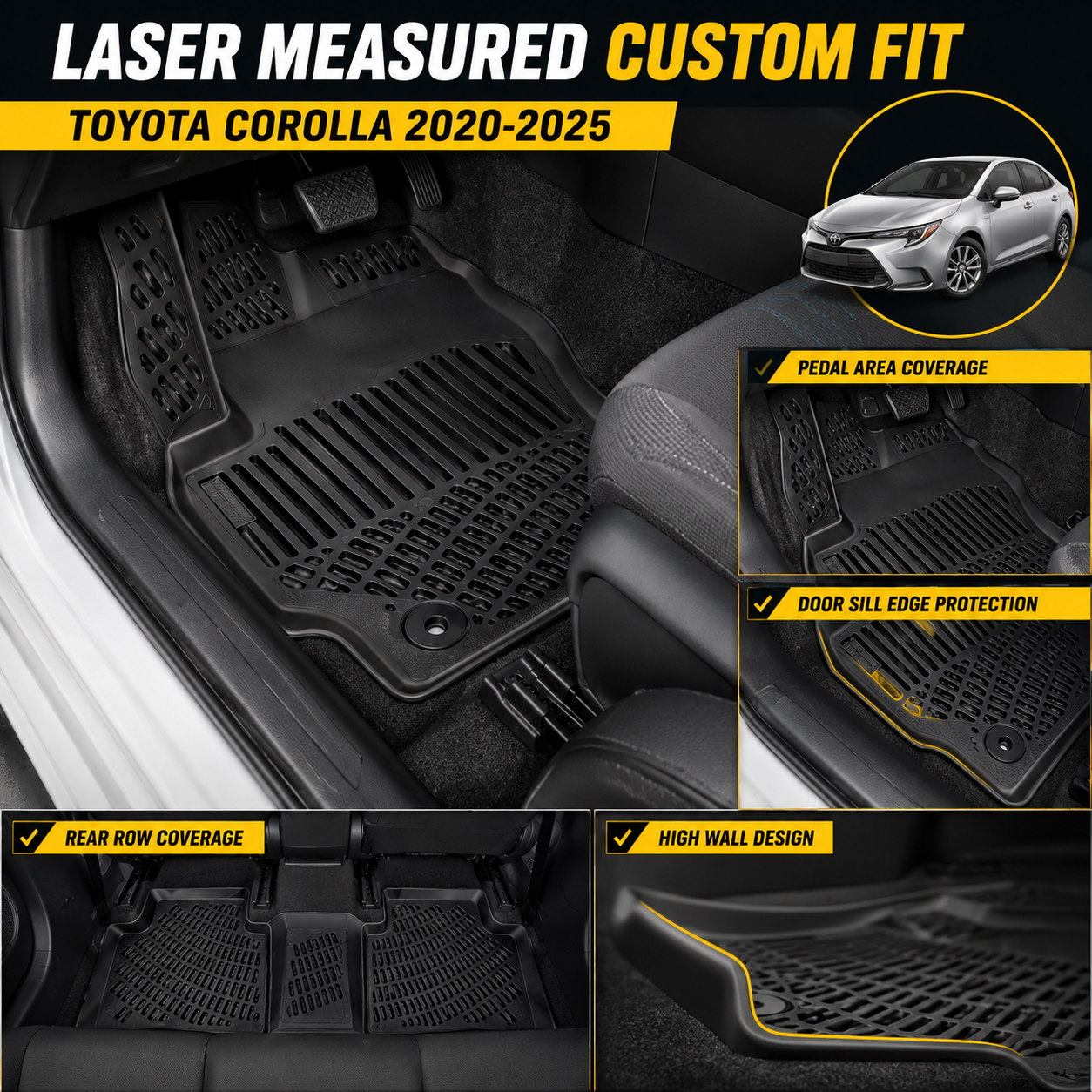 Toyota Corolla Floor Mats 2020-2025 Custom Fit Premium TPE All Weather 3PCS Black