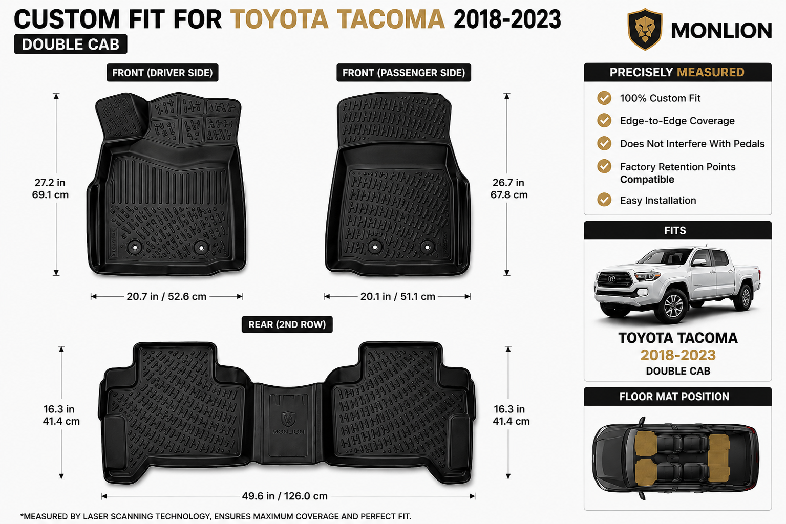 Toyota Tacoma Double Cab Floor Mats 2018-2023 Custom Fit Premium TPE All Weather 4PCS Black
