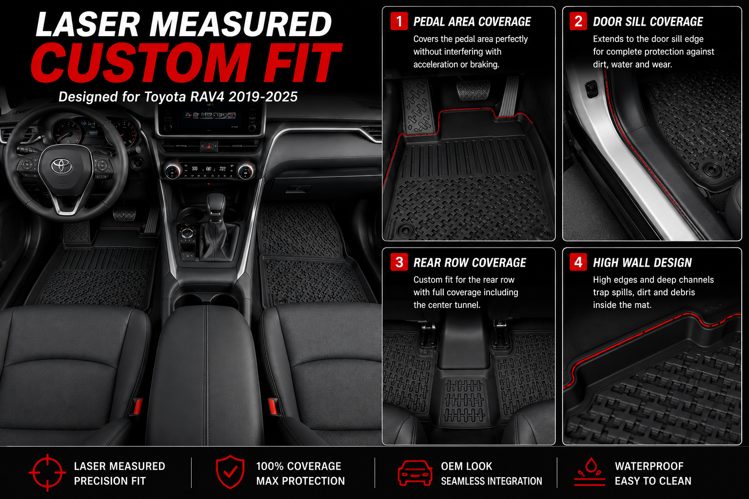 Toyota Camry Hybrid Floor Mats 2018-2024 Custom Fit Premium TPE All Weather 4PCS Black