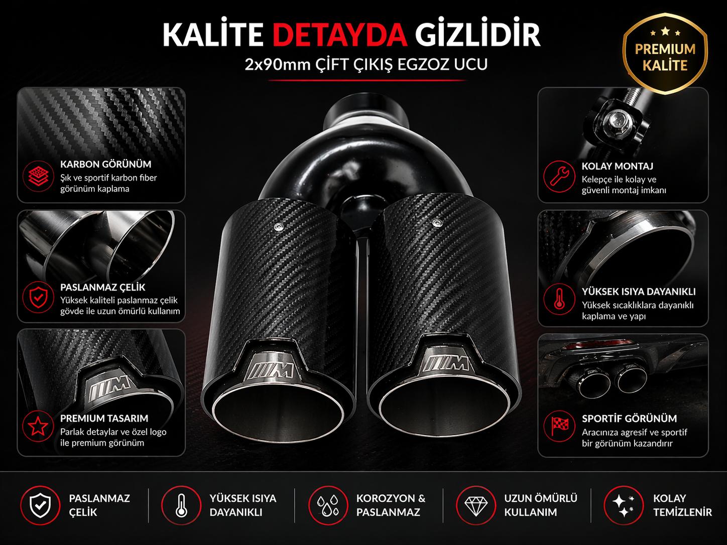 Monlion Premium Krom Çift Çıkış Egzoz Ucu 2x90mm Karbon Görünümlü Universal BMW Uyumlu Egzoz Başlığı 60mm Giriş
