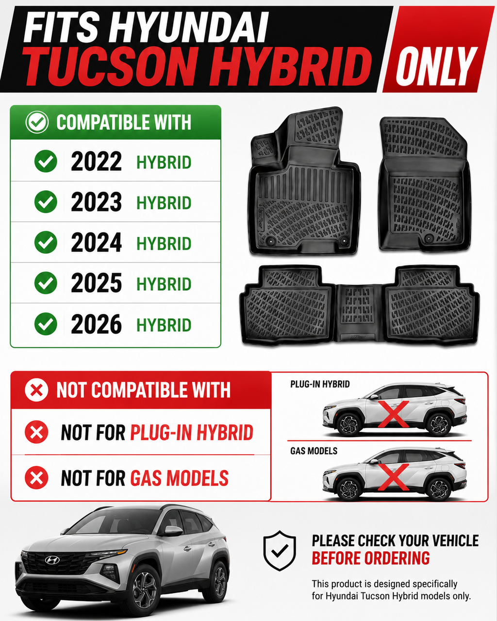 Monlion Floor Mats for Hyundai Tucson Hybrid 2022-2026 Custom Fit All Weather TPE Floor Liners Waterproof Heavy Duty 3D Cargo Mats