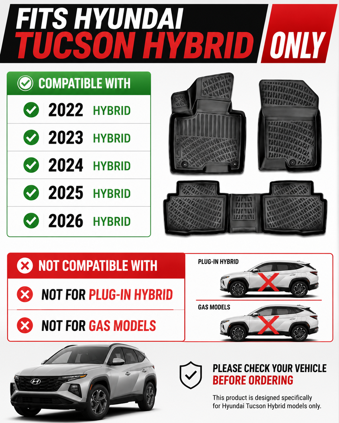 Monlion Floor Mats for Hyundai Tucson Hybrid 2022-2026 Custom Fit All Weather TPE Floor Liners Waterproof Heavy Duty 3D Cargo Mats