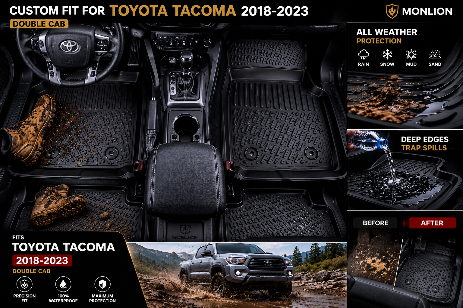 Toyota Tacoma Double Cab Floor Mats 2018-2023 Custom Fit Premium TPE All Weather 4PCS Black