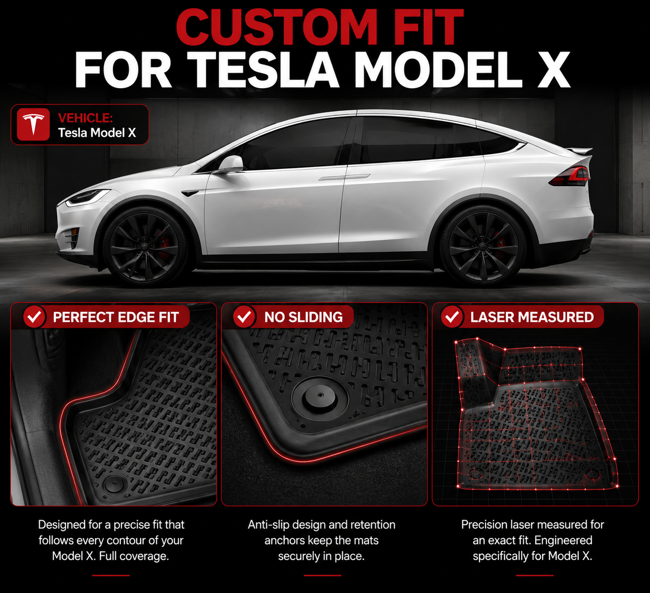 Tesla Model X Floor Mats 2015-2021 | Premium TPE All Weather | 3PCS | Monlion