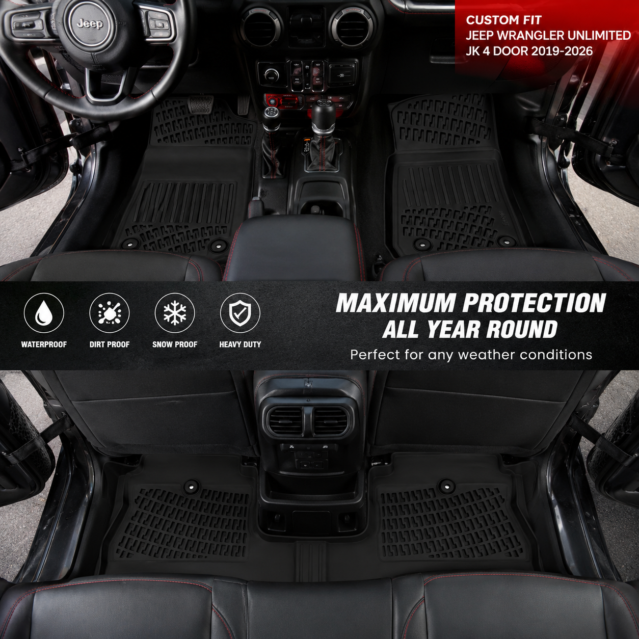 Monlion Floor Mats for Jeep Wrangler Unlimited JK 4 Door 2019-2026 Custom Fit All Weather TPE Floor Liners Waterproof Odorless Heavy Duty Black 4PCS