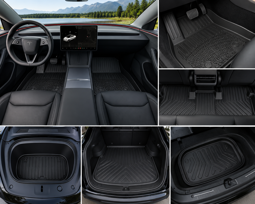 Tesla Model Y Juniper Floor Mats 2025-2026 TPE All Weather 7PCS Full Set Black | Monlion