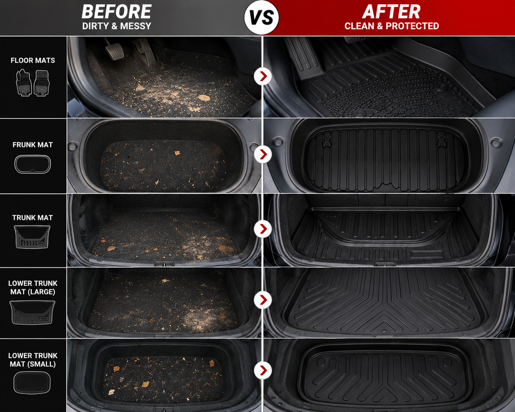 Tesla Model Y Juniper Floor Mats 2025-2026 TPE All Weather 7PCS Full Set Black | Monlion