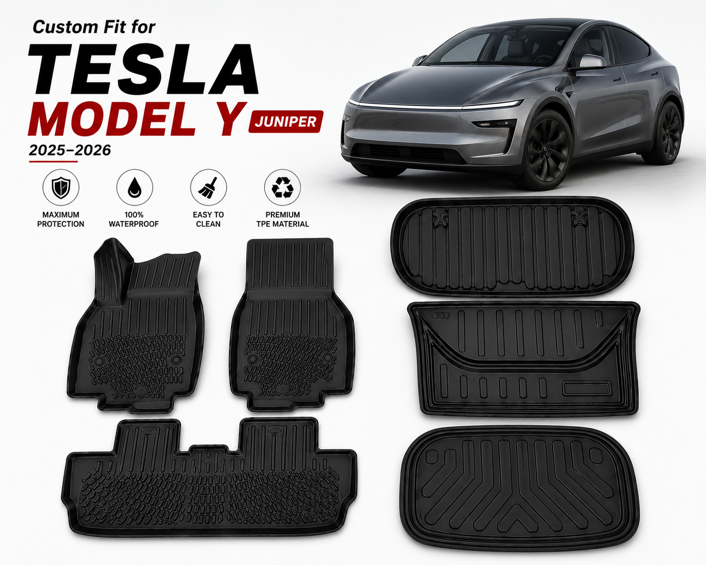 Tesla Model Y Juniper Floor Mats 2025-2026 TPE All Weather 7PCS Full Set Black | Monlion