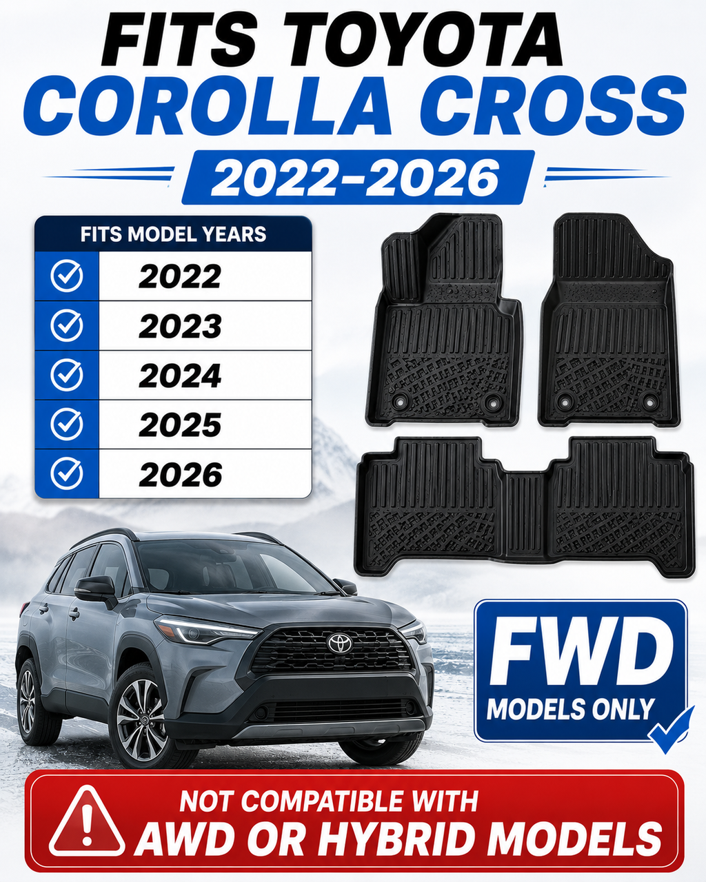 Monlion Floor Mats for Toyota Corolla Cross 2022-2026 FWD Custom Fit All Weather TPE Floor Liners Waterproof Odorless Heavy Duty Black 3PCS