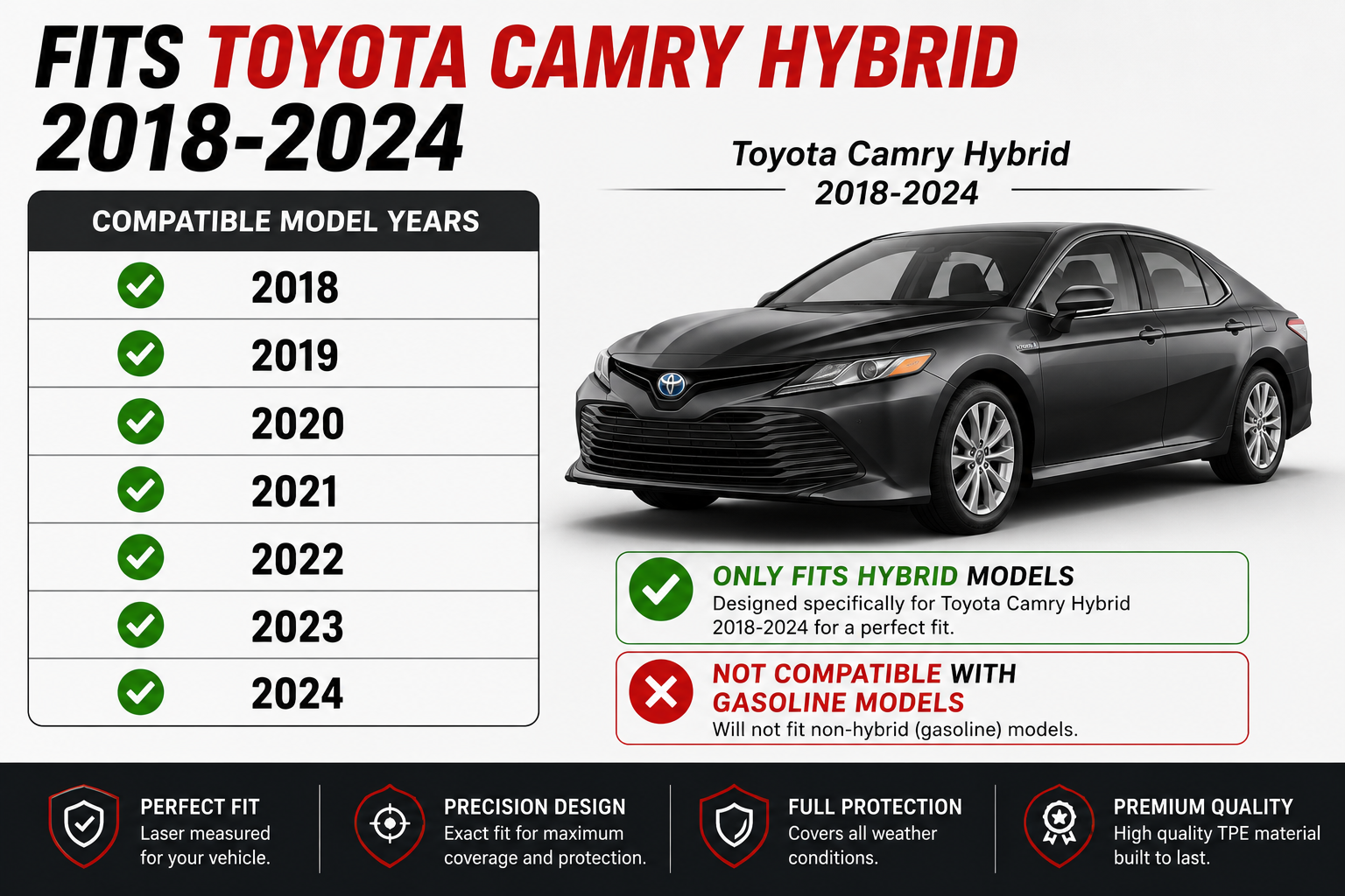 Toyota Camry Hybrid Floor Mats 2018-2024 Custom Fit Premium TPE All Weather 4PCS Black