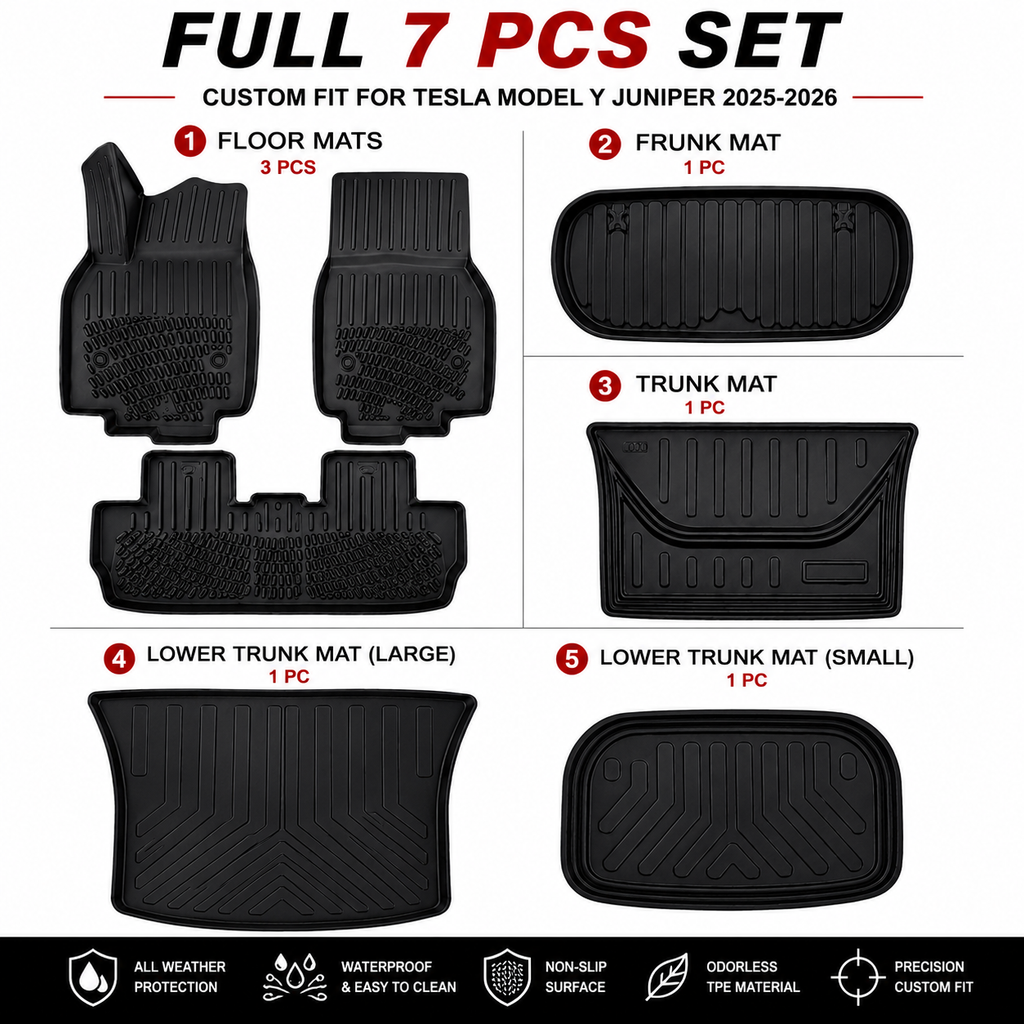 Tesla Model Y Juniper Floor Mats 2025-2026 TPE All Weather 7PCS Full Set Black | Monlion